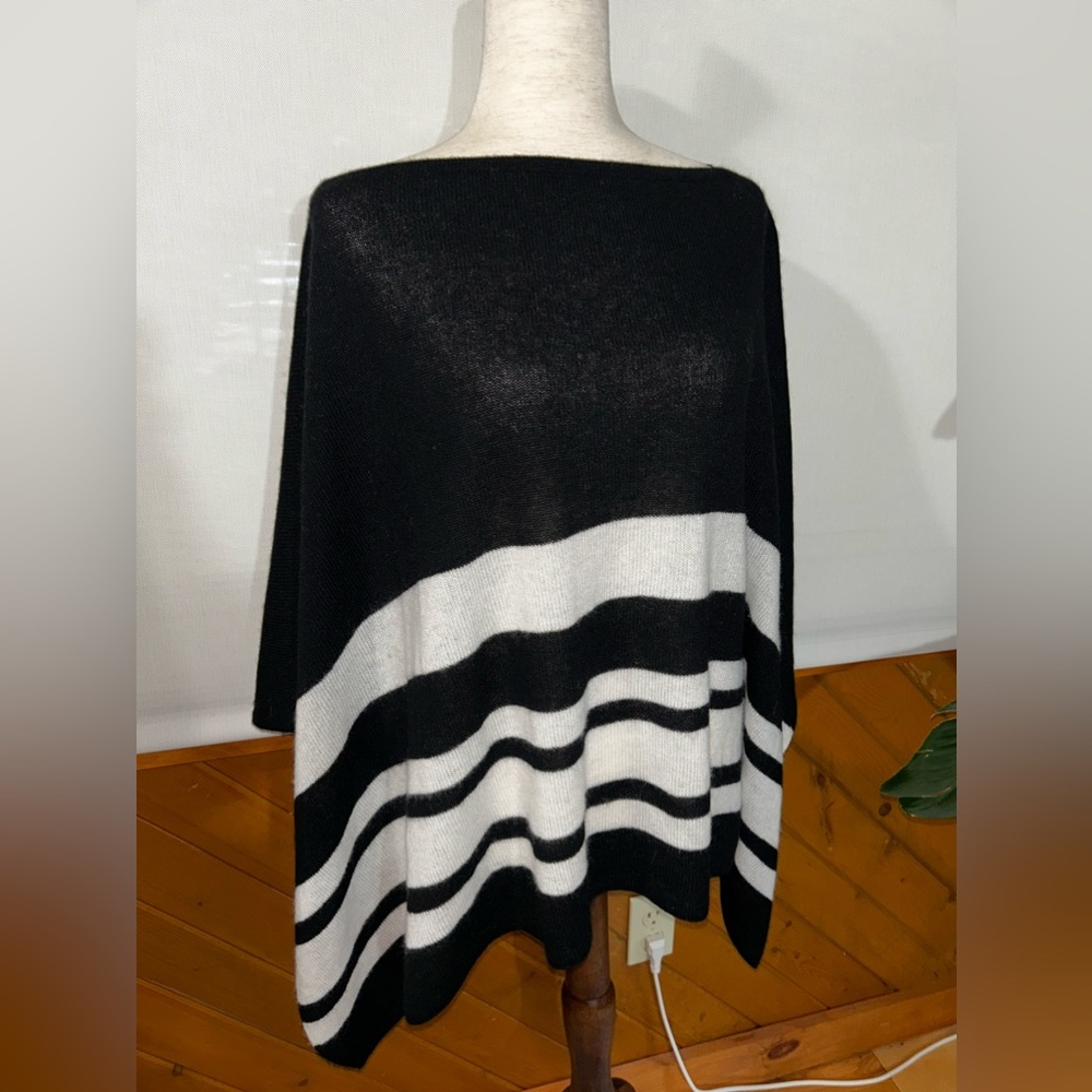 J. Crew Black & White Wool-Cashmere Striped Poncho Sweater